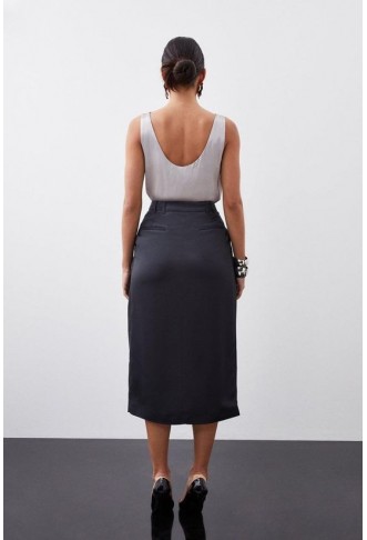 Tailored Satin Back Crepe Asymmetric Waist Wrap Detail Midi Skirt