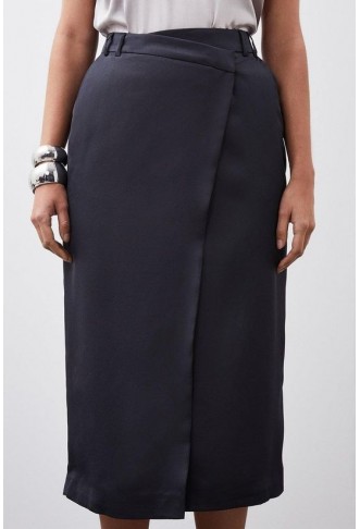 Tailored Satin Back Crepe Asymmetric Waist Wrap Detail Midi Skirt