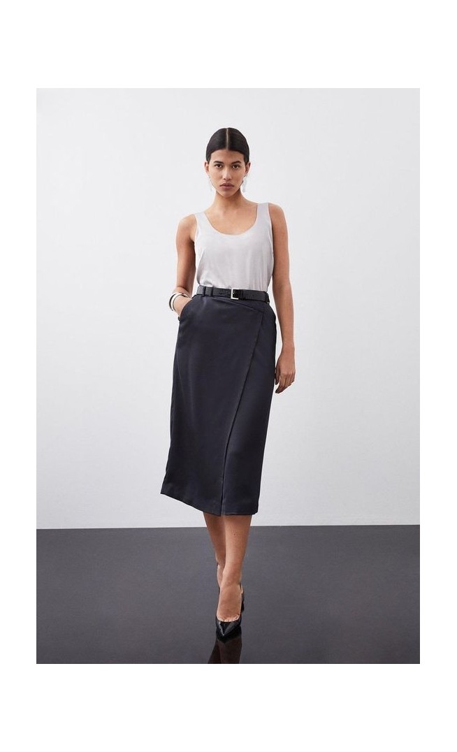 Tailored Satin Back Crepe Asymmetric Waist Wrap Detail Midi Skirt