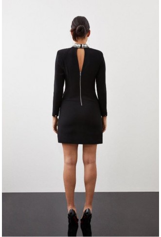 Petite Crystal Embellished Woven Long Sleeve Mini Dress