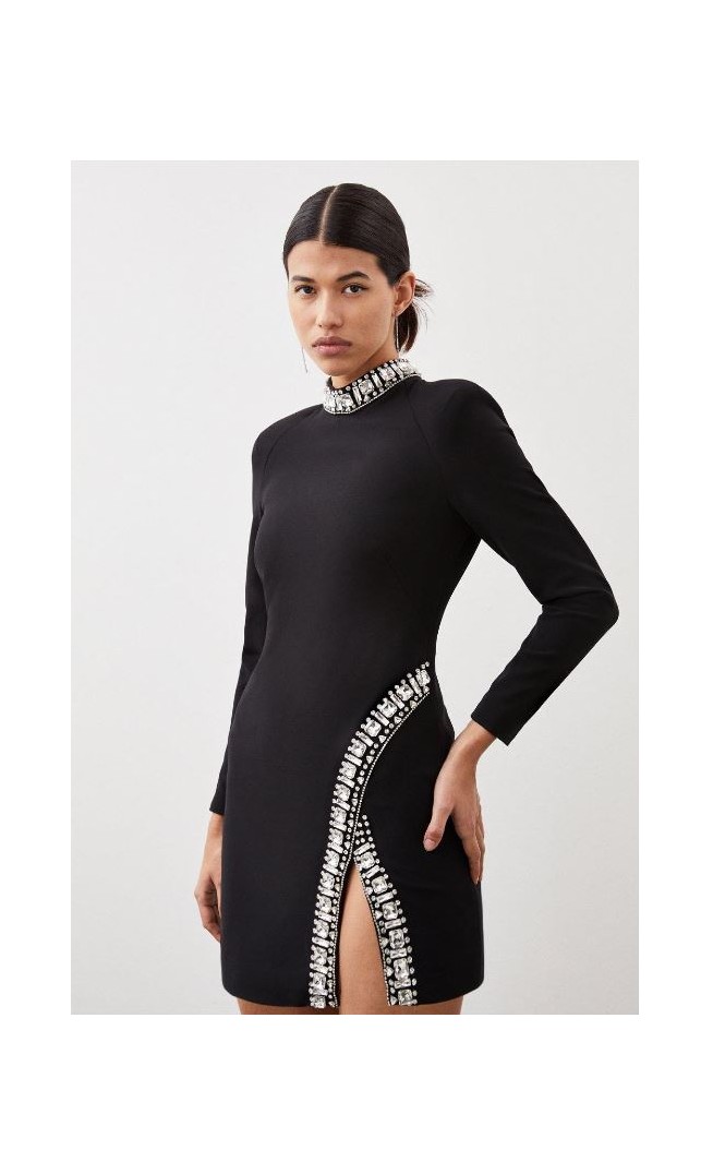 Petite Crystal Embellished Woven Long Sleeve Mini Dress