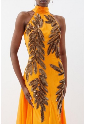 Halter Neck Feather Sequin Detail Woven Maxi Dress