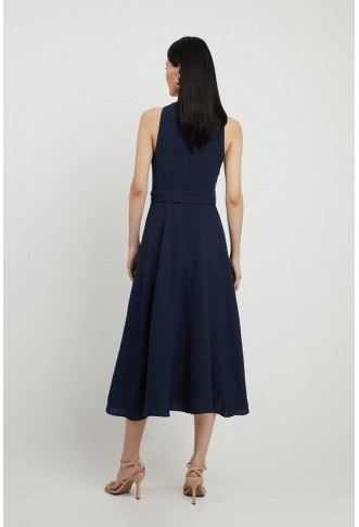 Petite Tailored Linen Halterneck Full Skirted Midi Dress