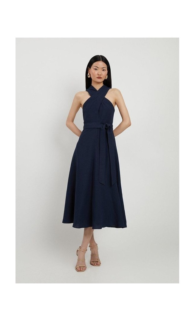 Petite Tailored Linen Halterneck Full Skirted Midi Dress