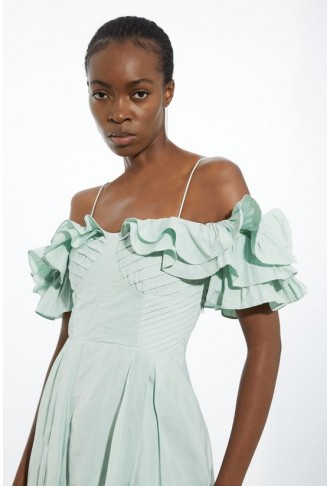 Petite Strappy Off The Shoulder Taffeta Woven Prom Dress