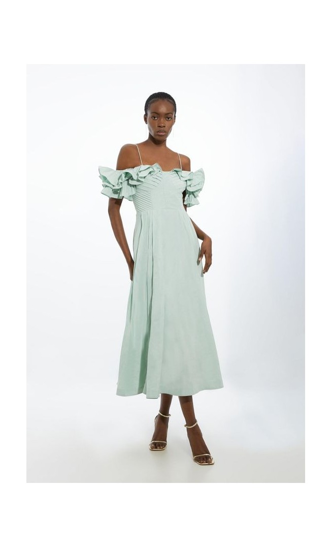 Petite Strappy Off The Shoulder Taffeta Woven Prom Dress