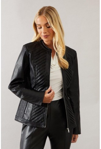 Petite Black Faux Leather Pleat Detail Jacket