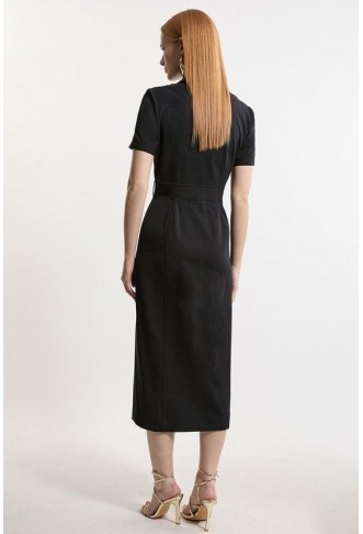 Compact Stretch Colourblock Grosgrain Button Tailored Midi Dress