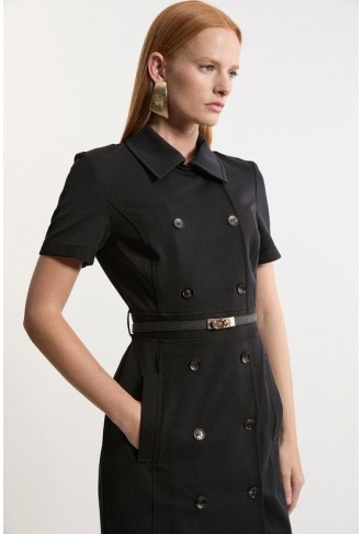 Compact Stretch Colourblock Grosgrain Button Tailored Midi Dress