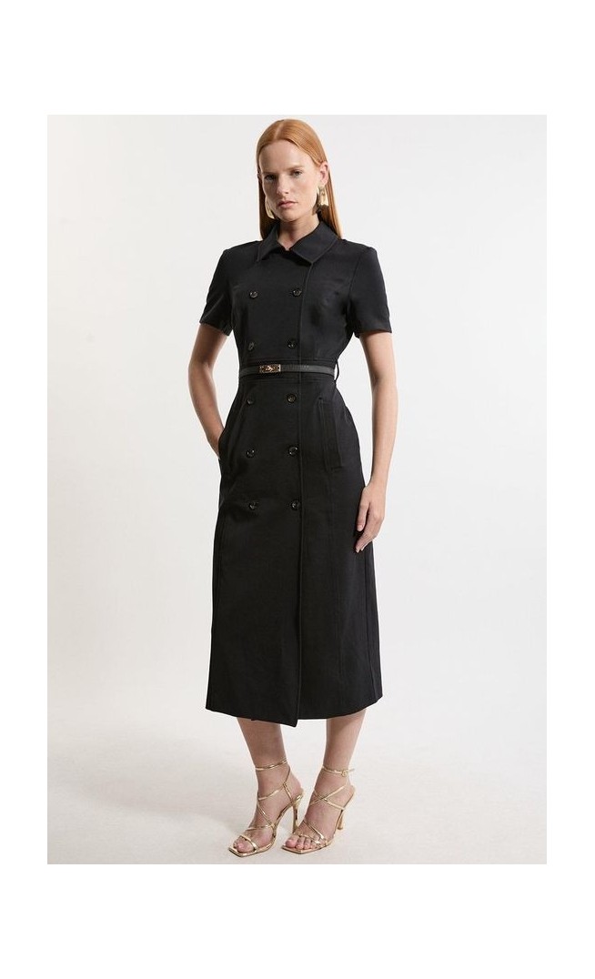 Compact Stretch Colourblock Grosgrain Button Tailored Midi Dress