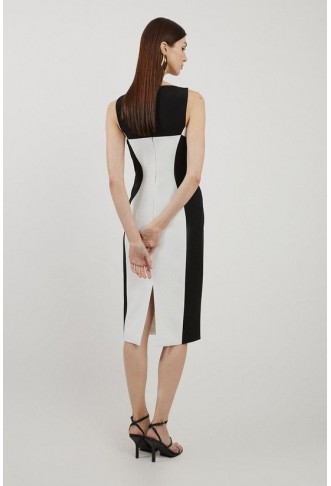 Compact Stretch Colour Block Panelled Tailored Midi Dress