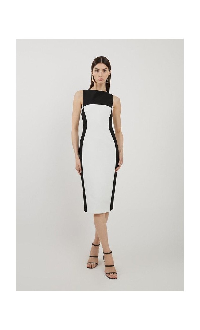 Compact Stretch Colour Block Panelled Tailored Midi Dress