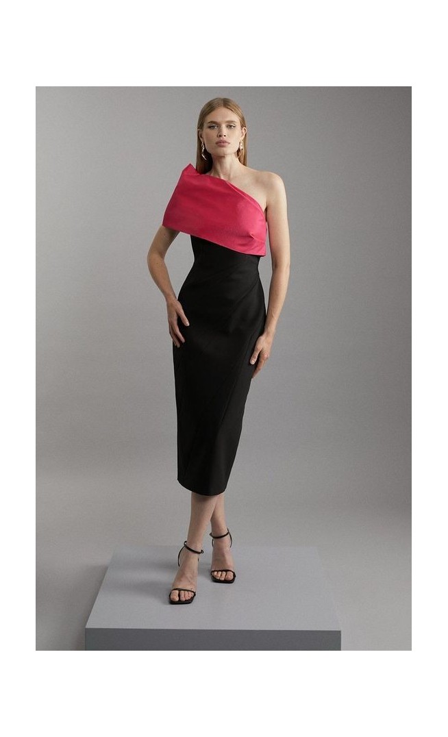 Clean Tailored Taffeta One Shoulder Panel Midi Dress