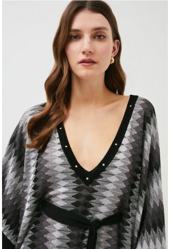 Slinky Knit Striped Strap Detail Kaftan Mini