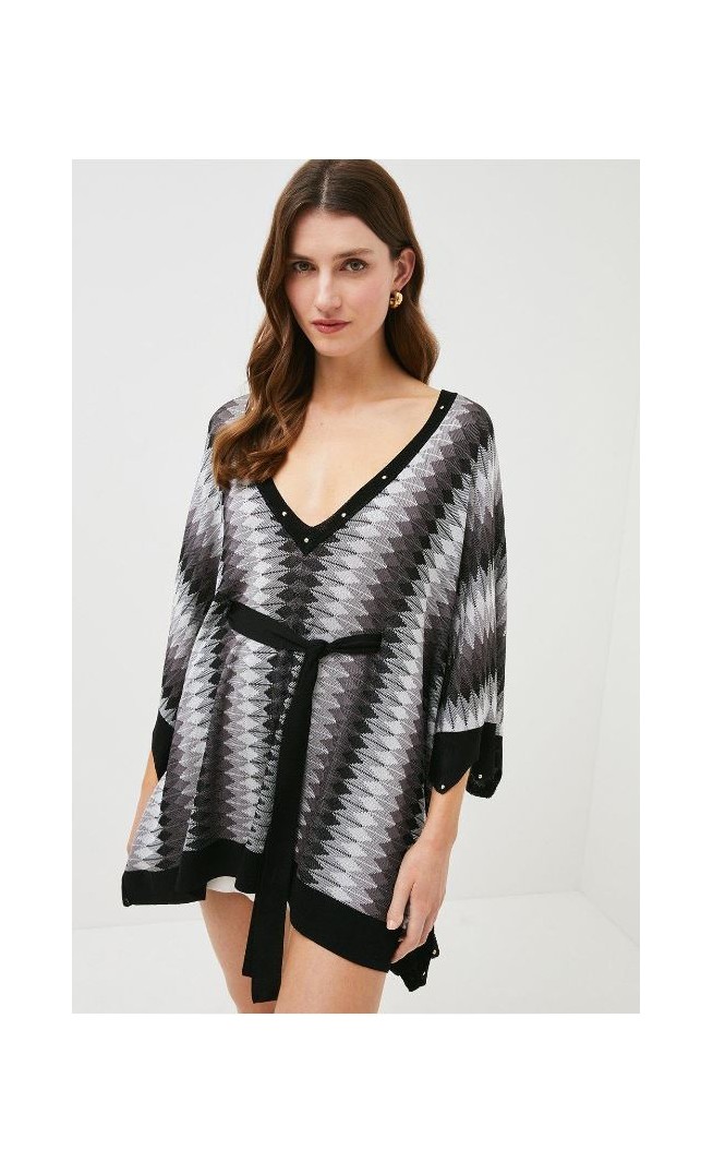 Slinky Knit Striped Strap Detail Kaftan Mini