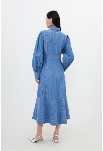 Cotton Stripe Belted Woven Midaxi Dress