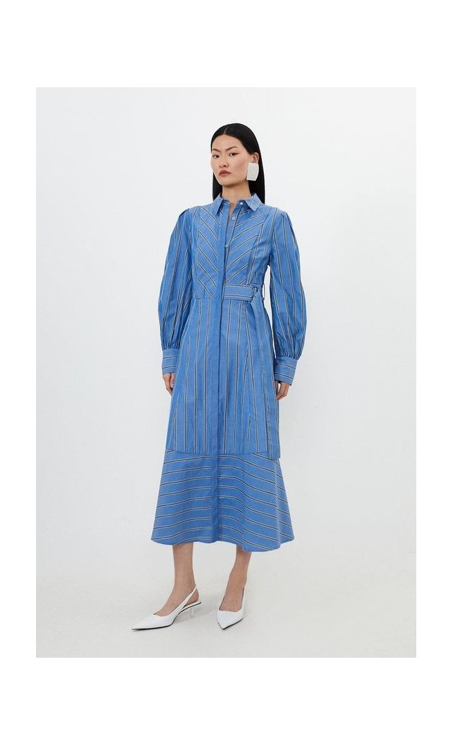 Cotton Stripe Belted Woven Midaxi Dress