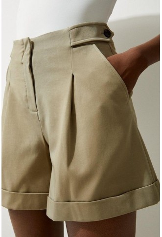 Viscose Stretch Cotton Waist Tab Detail Tailored Shorts