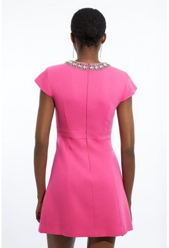 Tailored Compact Viscose Stretch Embellished Cap Sleeve Mini Dress