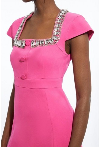 Tailored Compact Viscose Stretch Embellished Cap Sleeve Mini Dress