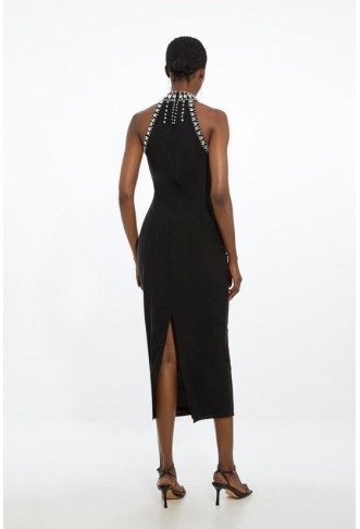 Crystal Embellished Power Mesh Jersey Midi Dress