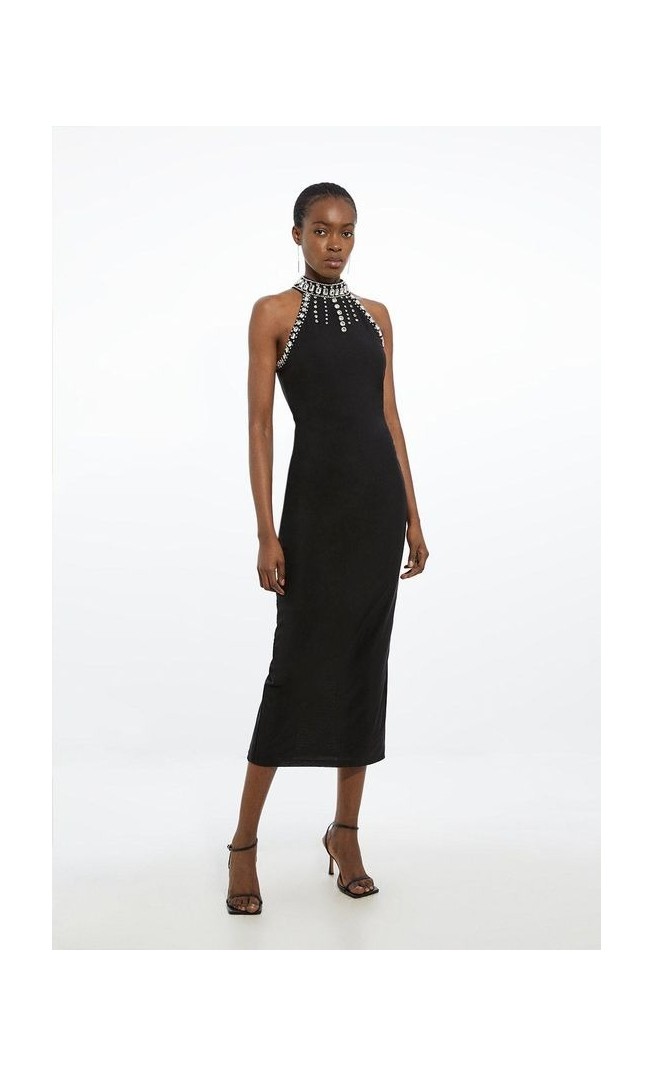 Crystal Embellished Power Mesh Jersey Midi Dress