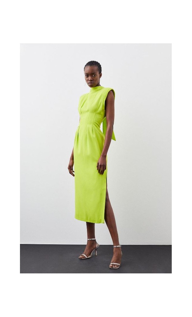 Pintuck Tie Neck Woven Column Midi Dress