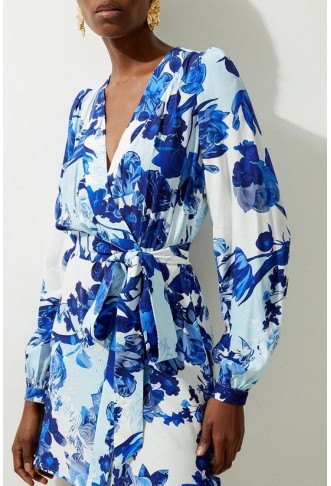 Floral Printed Morocain Woven Wrap Mini Dress