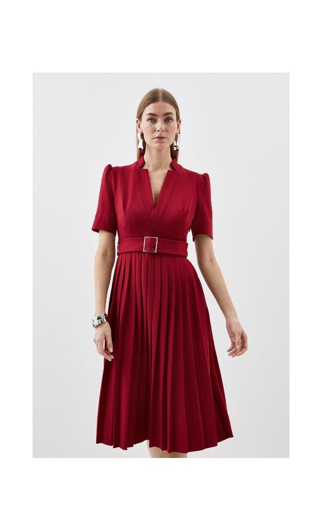 Tailored Structured Crepe Forever Pleat Belted Midi Dress