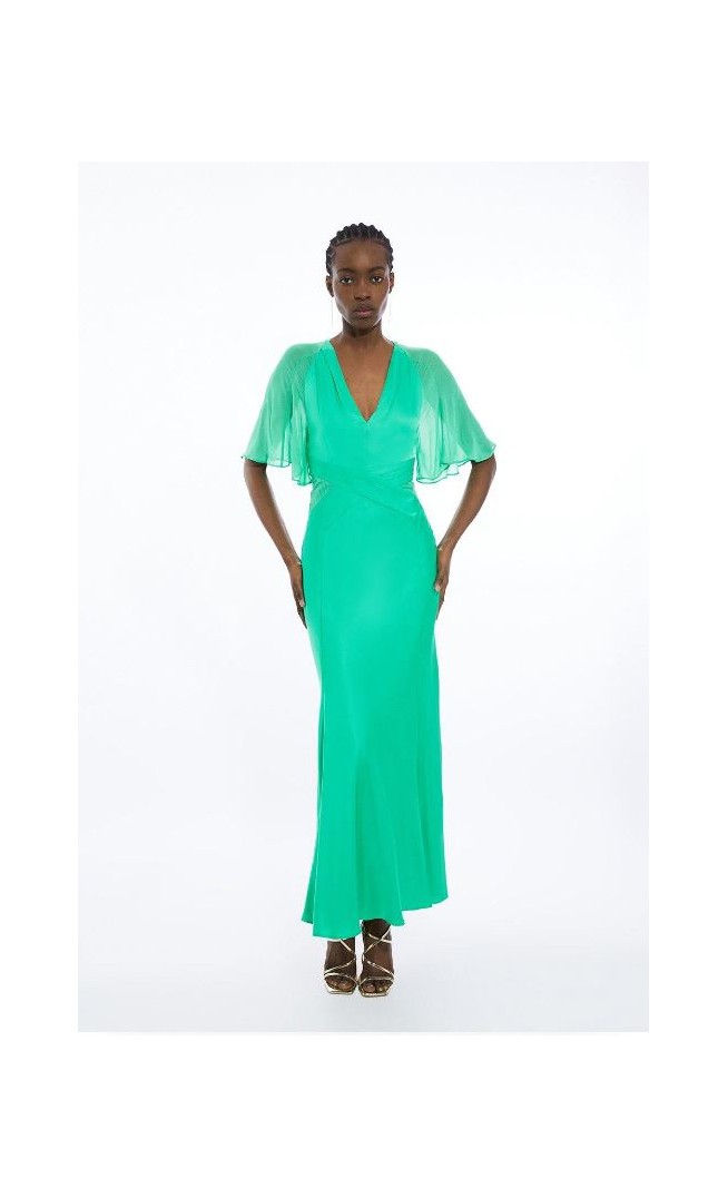 Viscose Georgette Angel Sleeve Woven Maxi Dress