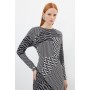 Geo Printed Morocain Woven Crew Neck Midaxi Dress