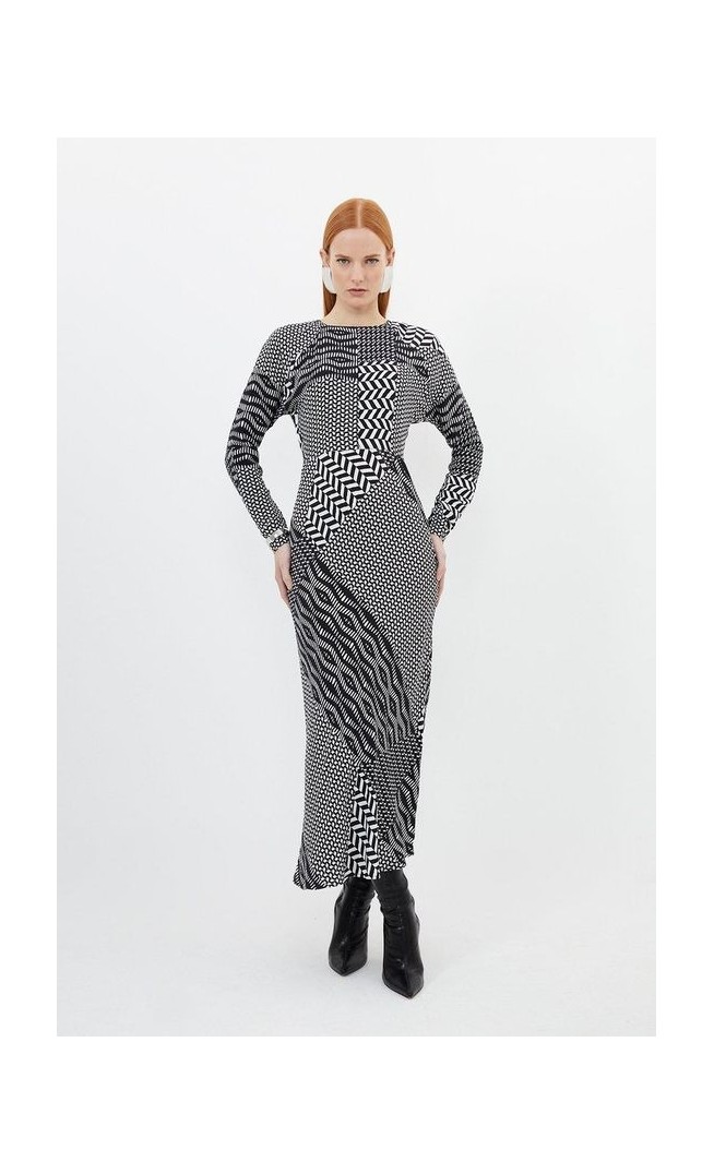 Geo Printed Morocain Woven Crew Neck Midaxi Dress