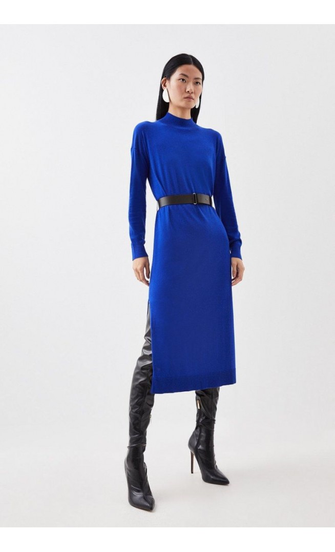 Cashmere Blend Funnel Neck Belted Knit Midi Dress