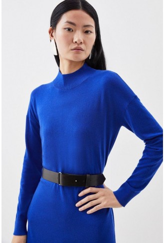 Cashmere Blend Funnel Neck Belted Knit Midi Dress