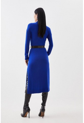 Cashmere Blend Funnel Neck Belted Knit Midi Dress