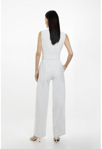 Compact Stretch Tailored Safari Belted Jumpsuit