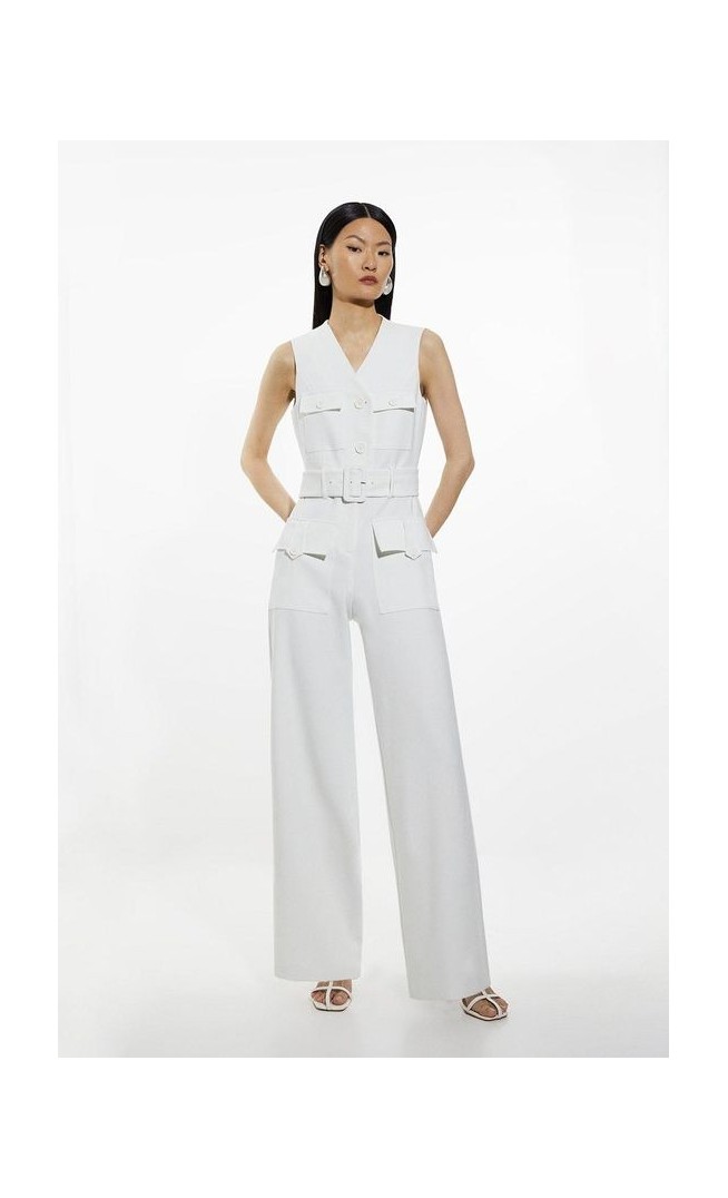 Compact Stretch Tailored Safari Belted Jumpsuit