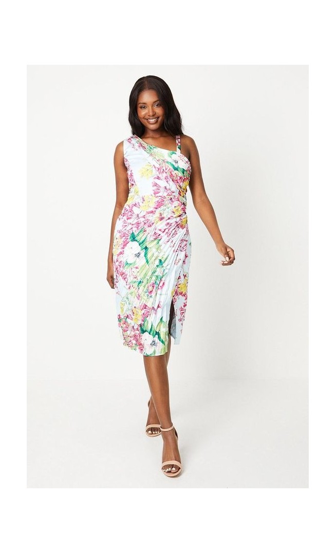 Printed Satin Asymmetric Pleated Dress
