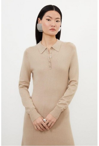 Neutral Viscose Blend Polo Knit Collar Maxi Dress