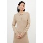 Neutral Viscose Blend Polo Knit Collar Maxi Dress