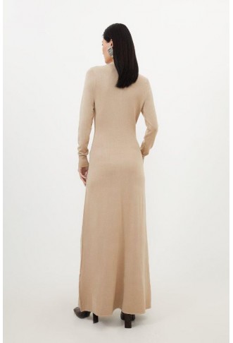 Neutral Viscose Blend Polo Knit Collar Maxi Dress