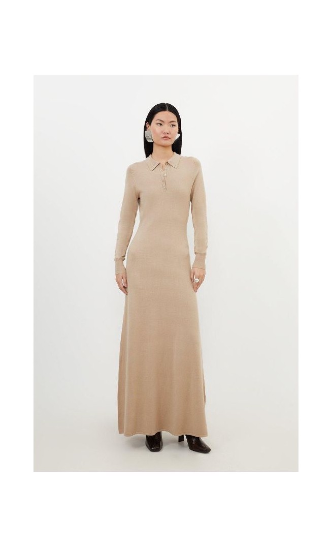 Neutral Viscose Blend Polo Knit Collar Maxi Dress