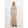 Neutral Viscose Blend Polo Knit Collar Maxi Dress