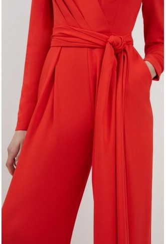 Compact Stretch Viscose Drape Waist Wide Leg Jumpsuit