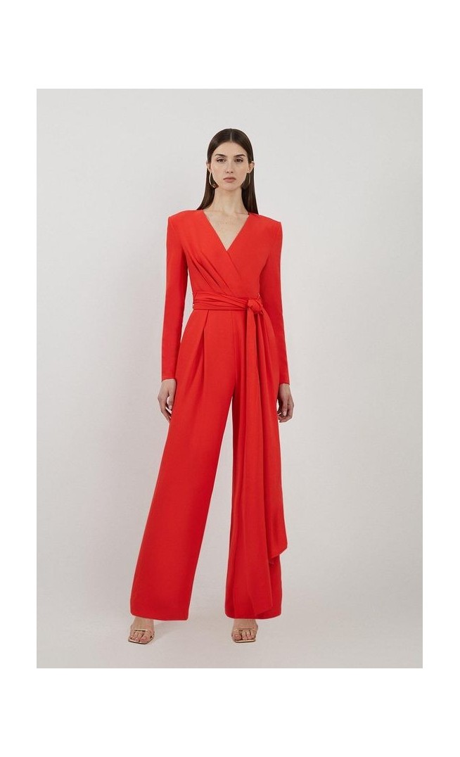 Compact Stretch Viscose Drape Waist Wide Leg Jumpsuit