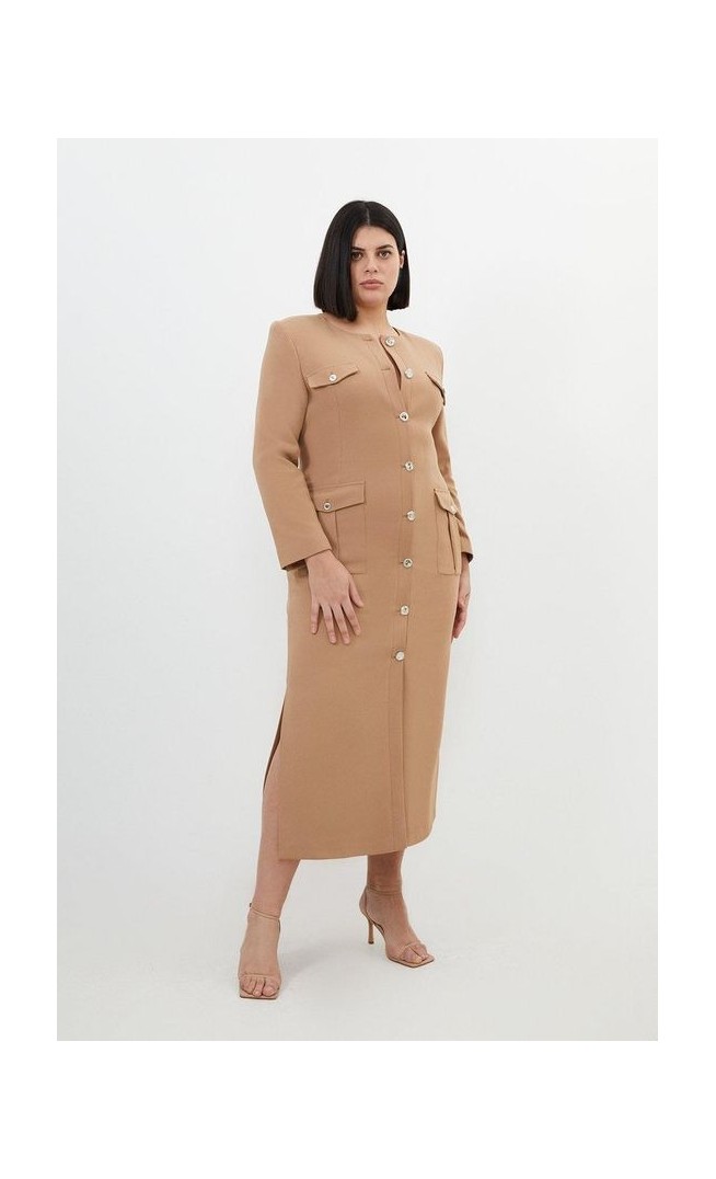 Plus Size Tailored Compact Stretch Button Through Dress