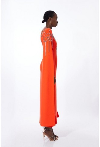 Crystal Embellished Cady Woven Cape Maxi Dress