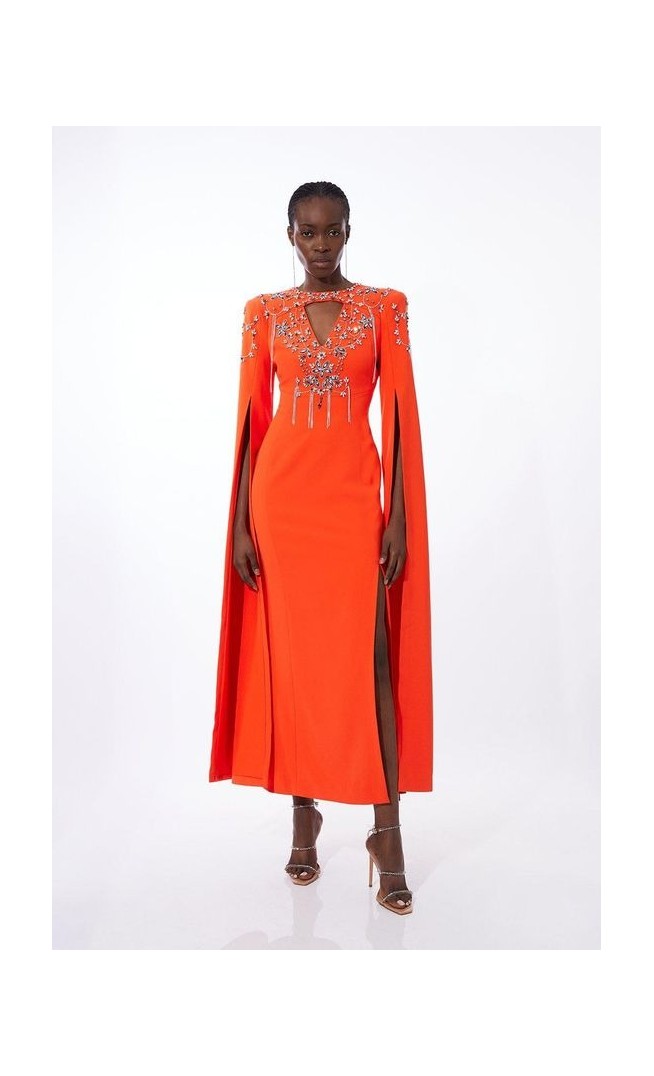 Crystal Embellished Cady Woven Cape Maxi Dress