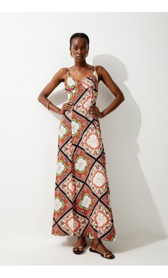 Tile Print Strappy Woven Maxi Dress