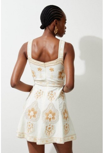 Tall Linen Embroidered Strappy Woven Mini Dress